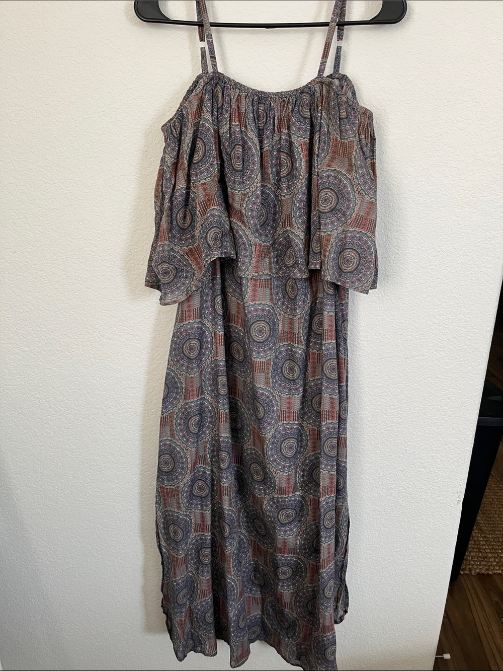 Market Place Boho Printed Maxi Dress with Spaghetti Straps in Gray and Brown